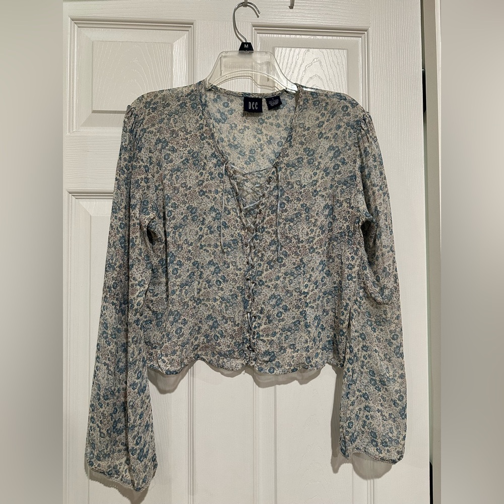 DC Lace-Up Floral Women's Blouse - Blue and Cream